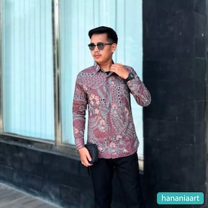 Exquisite Elegance Sendang Batik Kumara Mauve Men&#39;s Long Sleeve Shirt, Men Batik, Men Batik Shirt, Men Shirt, Batik Shirts