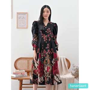 Elegant Long Sleeve Batik Dress – Stretch Cotton Comfort, Batik Dress, Boho Dress, Ethnic Dress, Midi Dress