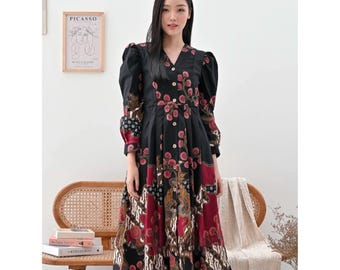 Elegante vestido batik de manga larga: algodón elástico y cómodo, vestido batik, vestido bohemio, vestido étnico, vestido midi.