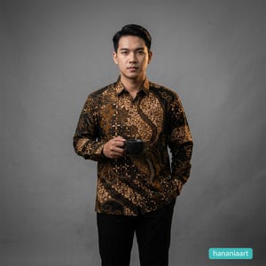 May include: A man in a long-sleeved batik shirt with a brown and black floral design, holding a black mug. The shirt features a button-down collar and is worn with black trousers. The background is a plain grey.