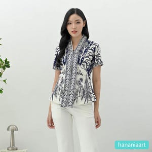 Stretch Cotton Batik Blouse Elegant Short Sleeve Kutu Baru, Women Blouse, Batik Blouse, Ethnic Blouse, Kebaya Blouse