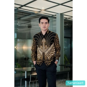 Stylish Black Sawung Long Sleeve Shirt for Men, Men Batik, Batik, Men Batik Shirt, Men's Batik Shirts, Batik Shirts