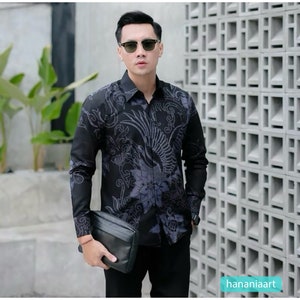 Contemporary Elegance Bianca Batik Modern Slim Fit Premium Cotton Long Sleeve Men&#39;s Batik Shirt in Black Melewis, Men Batik, Batik Shirts