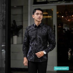 Modern Elegance Bianca Batik Premium Slim Fit Men's Long Sleeve Grey Crown Cotton Batik Shirt, Men Batik, Men Batik Shirt, Batik Shirts