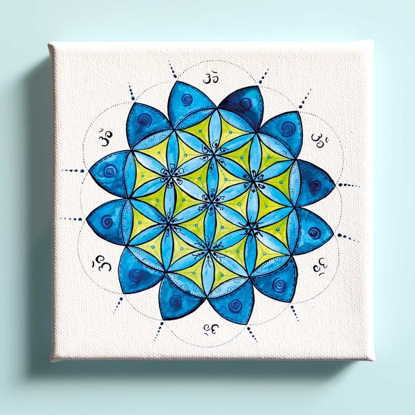 Mandala Canvas Print 20 x 20 cm "Neck Chakra - VISSUDHA" Flower of Life for Yoga Studio or Meditation Room, Watercolor and Ink