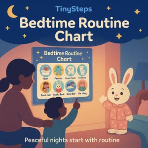 Peut inclure: Un tableau de routine du coucher avec des illustrations d'activités du coucher, notamment le bain, le pyjama, le brossage des dents et les câlins. Le tableau est intitulé "Bedtime Routine Chart" et présente une mère et un enfant pointant le tableau, avec un personnage de lapin.