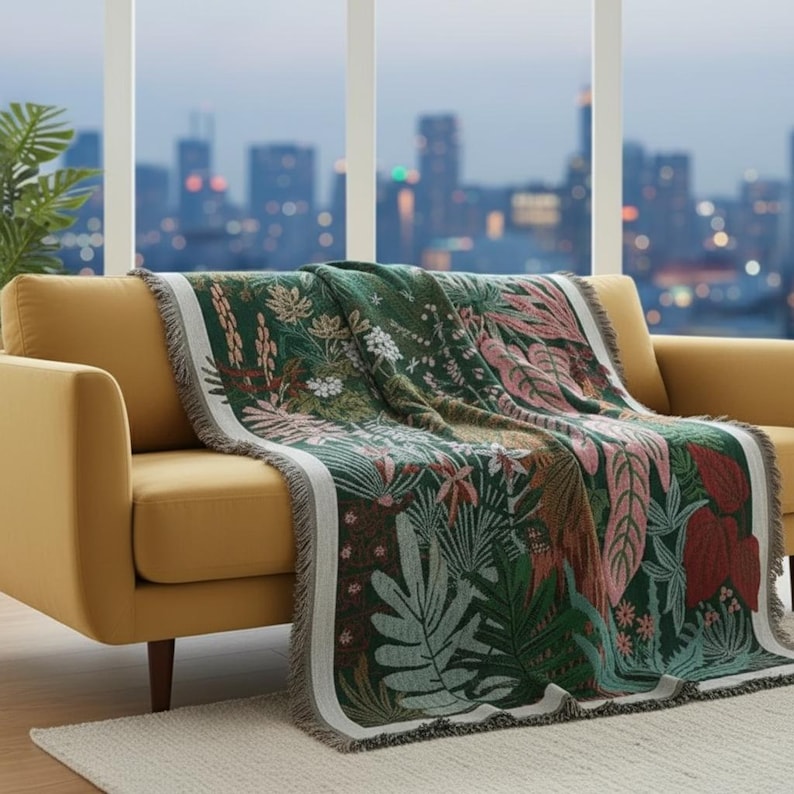 Tropical Leaf Woven Throw Blanket, Botanical Boho Sofa Bed Decor ...