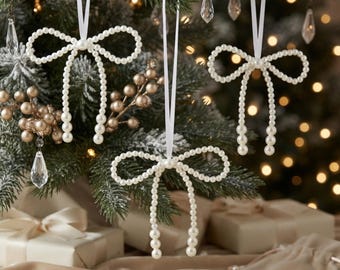 Pearl Bow Christmas Tree Ornaments – Handmade Beaded Holiday Decor