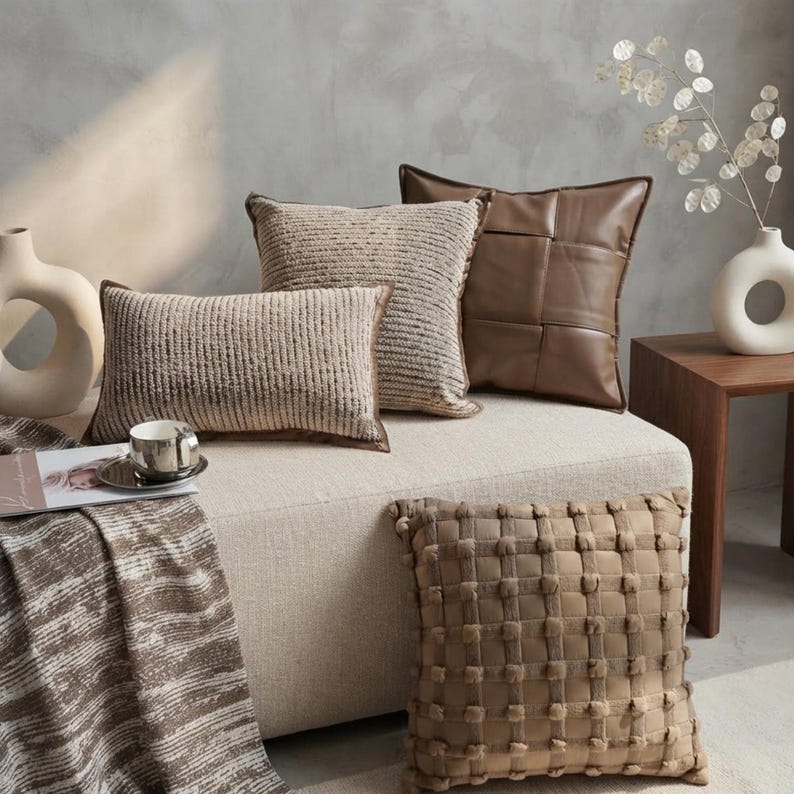 May include: A collection of four decorative throw pillows in neutral earth tones. One rectangular pillow features a ribbed texture, one square pillow has a woven grid pattern, one square pillow is smooth brown faux leather, and one has a tufted grid.