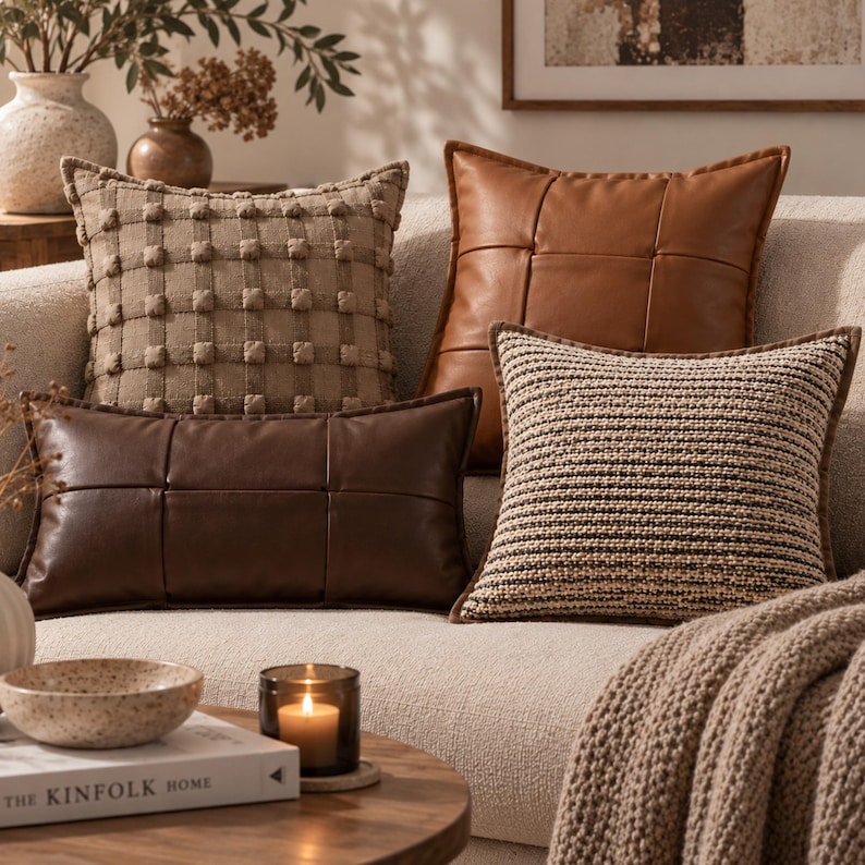 May include: A collection of four decorative throw pillows arranged on a sofa. One pillow features a tan grid pattern with raised tufts, one is a square tan faux leather with a grid stitch, one is a dark brown rectangular faux leather, and one is a textured knit.