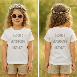 Mockup overhemd peutermeisje – voor- en achteraanzicht – bohostijl – blanco witte T-shirtsjabloon