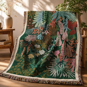 Tropical Leaf Woven Throw Blanket, Botanical Boho Sofa Bed Decor, Forest Botanical, Nature Tapestry Wall Hanging, Picnic Blanket