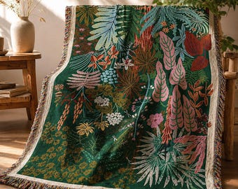 Tropisk lövvävd filt, botanisk boho bäddsoffadekor, skogsbotanisk, naturtapet, picknickfilt