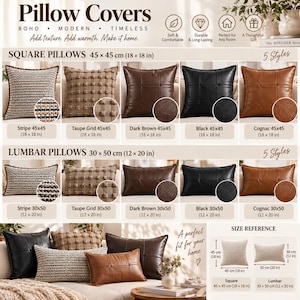 May include: A collection of square and lumbar pillow covers in five styles: striped, taupe grid, dark brown, black, and cognac. The square covers measure 18 by 18 inches, and the lumbar covers measure 12 by 20 inches, featuring various textures.