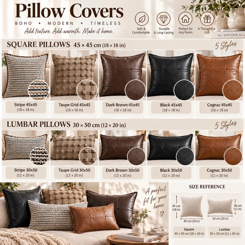 May include: A collection of square and lumbar pillow covers in five styles: striped, taupe grid, dark brown, black, and cognac. The square covers measure 18 by 18 inches, and the lumbar covers measure 12 by 20 inches, featuring various textures.