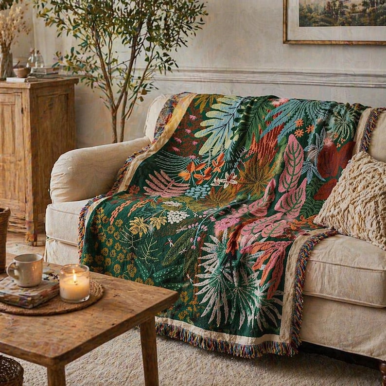 Tropical Leaf Woven Throw Blanket, Botanical Boho Sofa Bed Decor ...