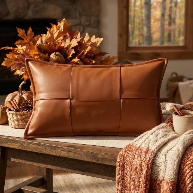 May include: A rectangular cognac-colored faux leather pillow featuring a woven-style panel design with visible stitched seams. The pillow has a smooth, matte finish and a structured rectangular shape, presented as a solid-colored decorative cushion.