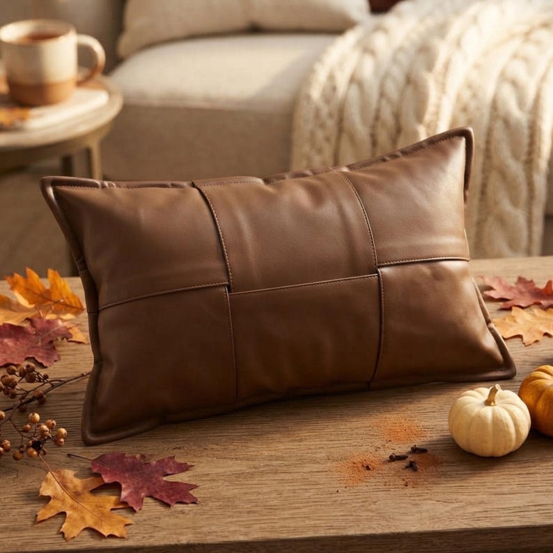 May include: A rectangular brown leather pillow featuring a woven grid pattern across the front surface. The pillow has visible stitched seams forming large square sections, creating a structured appearance with a smooth, matte finish on the material.