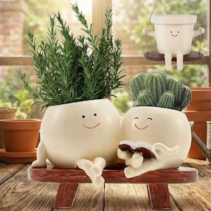 Maceta de resina con forma de cara sonriente y mecedora
