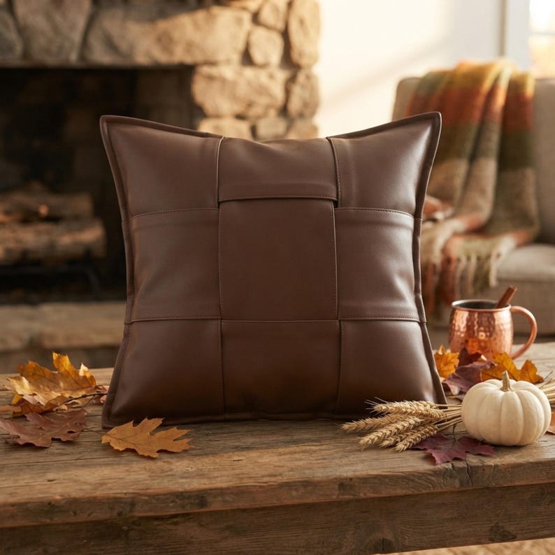 May include: A square throw pillow featuring a dark brown woven leather-like exterior with a grid pattern. The pillow has a smooth, matte finish and is constructed with wide, interlocking horizontal and vertical strips that create a structured design.