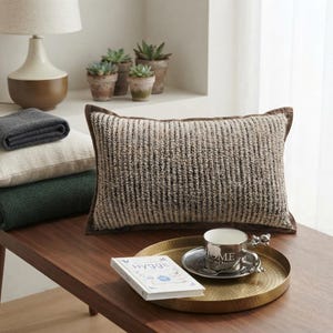 May include: A rectangular throw pillow with a textured, ribbed knit pattern in shades of beige, cream, and dark brown. The pillow features a solid brown fabric border along the edges, providing a structured frame to the soft, woven front surface.