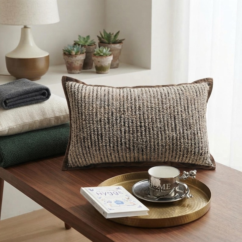 May include: A rectangular throw pillow with a textured, ribbed knit pattern in shades of beige, cream, and dark brown. The pillow features a solid brown fabric border along the edges, providing a structured frame to the soft, woven front surface.