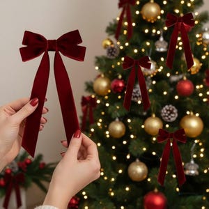 May include: A rich burgundy velvet bow with long tails is held up against a Christmas tree. The tree is adorned with gold and red baubles and fairy lights, creating a festive holiday scene. Additional bows are attached to the tree.