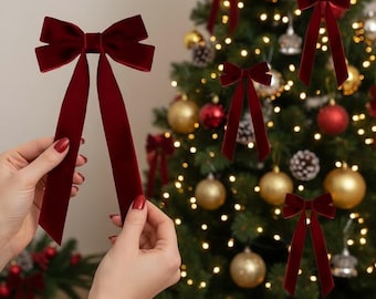 Red Velvet Christmas Tree Bows, Holiday Wreath Decorations (10 Pieces)