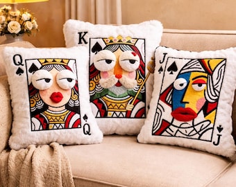 Embroidered Pillow Playing Card Quirky Cartoon Cushion King Queen Jack Decorative Throw Pillow Game Theme Sofa Decor
