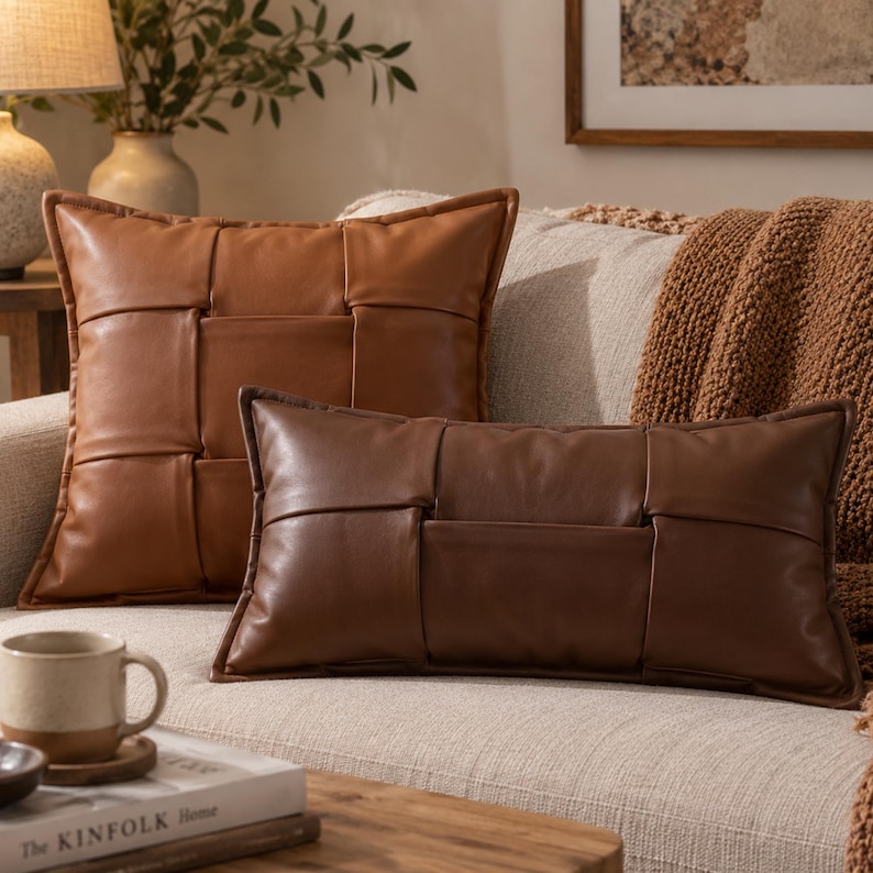May include: A square tan leather pillow and a rectangular dark brown leather pillow, both featuring a woven grid pattern. The pillows are placed on a light-colored sofa alongside a ceramic mug and a book titled The Kinfolk Home.