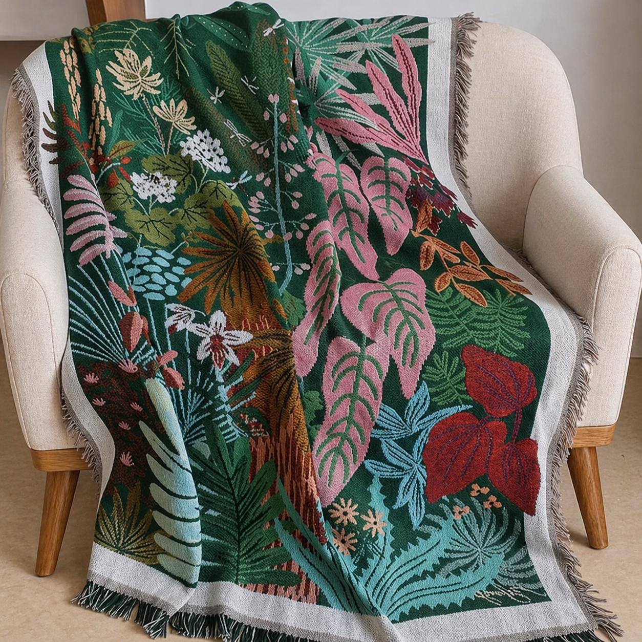 Tropical Leaf Woven Throw Blanket, Botanical Boho Sofa Bed Decor ...