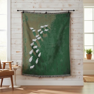 Sheep Tapestry Throw Blanket Vintage Woven Field Landscape Wall Art Sheep Meadow Woven Throw Blanket Countryside Animal Blanket