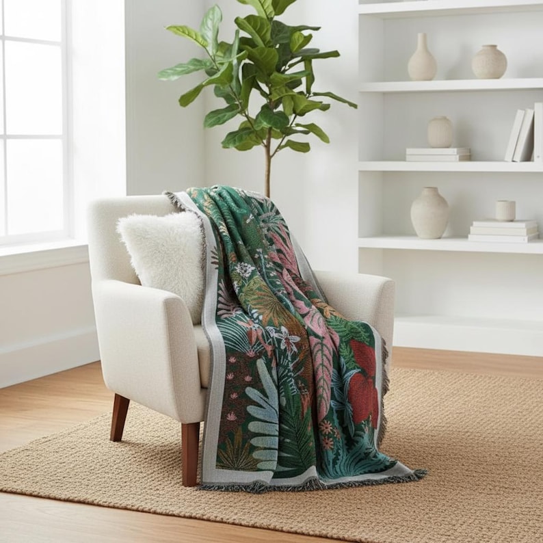 Tropical Leaf Woven Throw Blanket, Botanical Boho Sofa Bed Decor ...