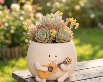 Maceta de resina con carita sonriente: Columpio de guitarra, decoración para interiores y exteriores