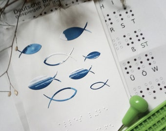 Taufkarte Brailleschrift/Punktschrift/Blindenschrift, Taufkarte Fisch, Karte Taufe, mit ausgestanzten Fischen