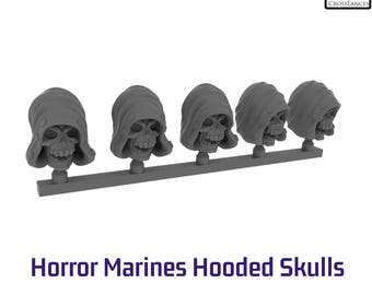 Horror Marine Hooded Skull Heads (x5) - Resin conversion bits, kitbash 28mm heroic heads