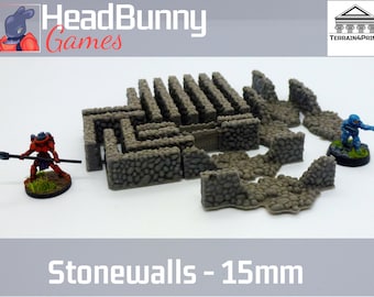 Puede incluir: Un conjunto de piezas de muro de piedra a escala de 15 mm para juegos de mesa. Los muros están hechos de plástico gris y están diseñados para ser utilizados con figuras en miniatura. El conjunto incluye una variedad de secciones de muros, incluyendo muros rectos, muros de esquina y muros rotos.