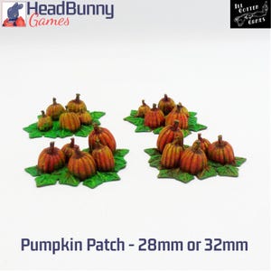 May include: Four sets of miniature pumpkins on green leaves. Each set contains 10-12 pumpkins in shades of orange and yellow. The pumpkins are arranged in a pile, with some pumpkins partially obscured by others. The sets are arranged in a row, with the first set on the left and the last set on the right. The background is white. Pumpkin Patch - 28mm or 32mm