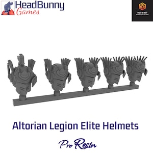 May include: A row of gray Altoria Legion Elite Helmets made of Pro Resin. The helmets have a detailed design with a central crest and angular features. The HeadBunny Games logo is in the upper left corner.