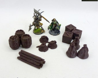 3D Printed Terrain Scatter: Storeroom Barrels, Bags, Crates - 28mm 32mm Scale