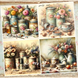 Decoupage Rice Paper, A4 68 Shabby Chic Vintage Tin Cans and Flowers Decoupage Paper, Decorative Image, Decoupage Designs, Paper Crafts