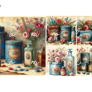 Decoupage Rice Paper, A4 69 Shabby Chic Vintage Tin Cans and Flowers Decoupage Paper, Decorative Image, Decoupage Designs, Paper Crafts