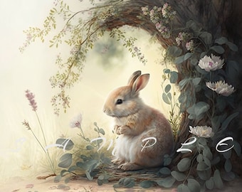 May include: A small, brown rabbit sits under a tree with green leaves and white flowers. The rabbit is looking to the right of the image. The background is a soft, light brown.