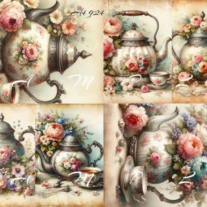Decoupage Rice Paper, A4 924 Shabby Chic Vintage Teapots and Roses Decoupage Paper, Decorative Image, Decoupage Designs, Paper Crafts