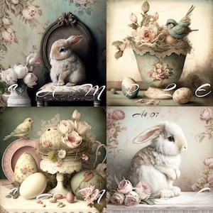 Decoupage Rice Paper, A4 07 Shabby Chic Vintage Easter Bunnies Tea cups Decoupage Paper, Decorative Image, Decoupage Designs, Paper Crafts