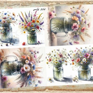 Decoupage Rice Paper, A4 514 Shabby Chic Vintage Mason Jars with flowers Decoupage Paper, Decorative Image, Decoupage Designs, Paper Crafts