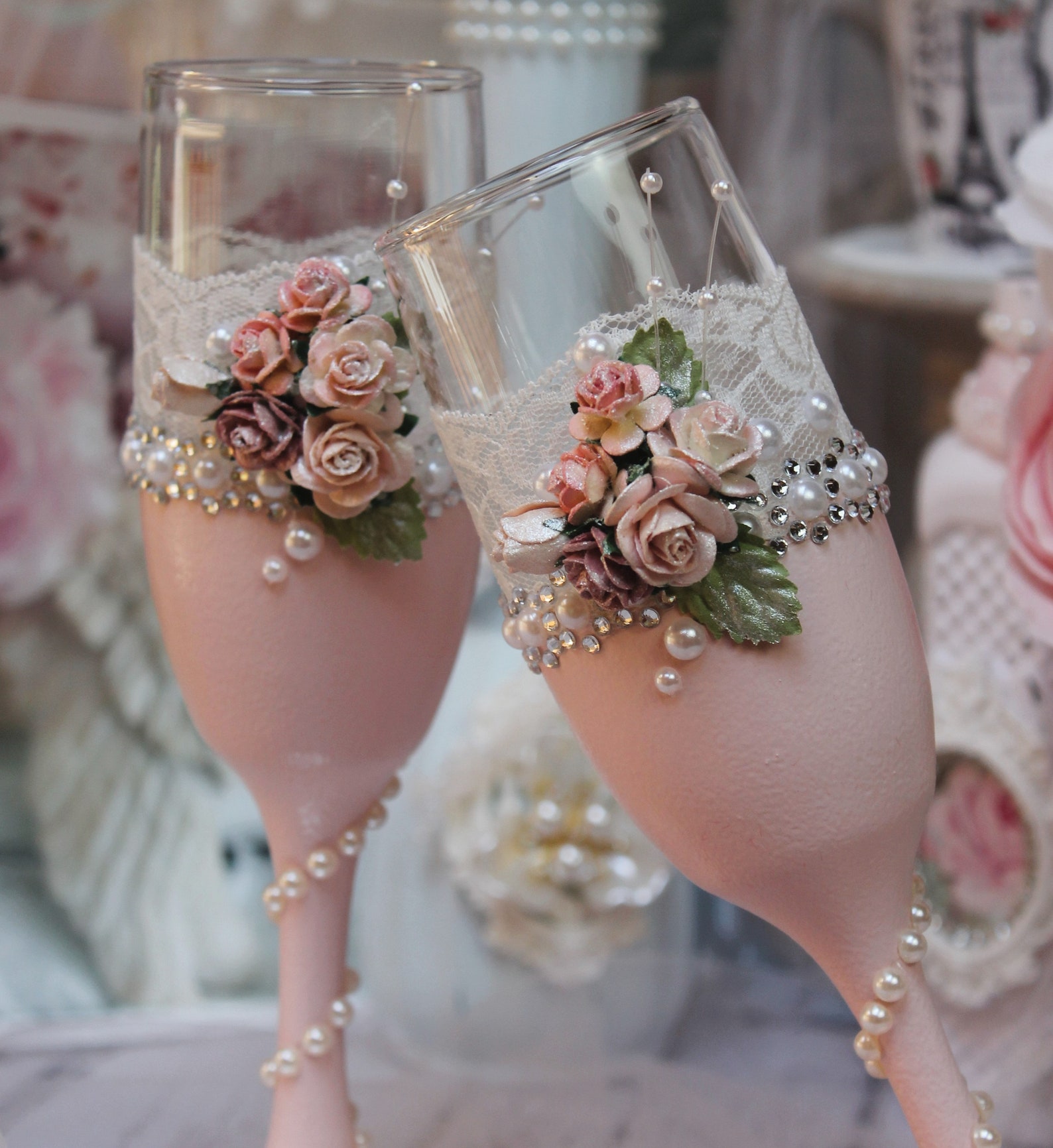 Shabby Chic Vintage Toasting Flutes Wedding Bride and Groom Toasting