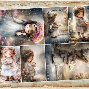 May include: A digital collage of six illustrations featuring children in winter attire, floral crowns, and snowy settings. The images depict characters in coats and dresses, some holding small bouquets or toys, with the text 'sample' and 'At 213' visible.