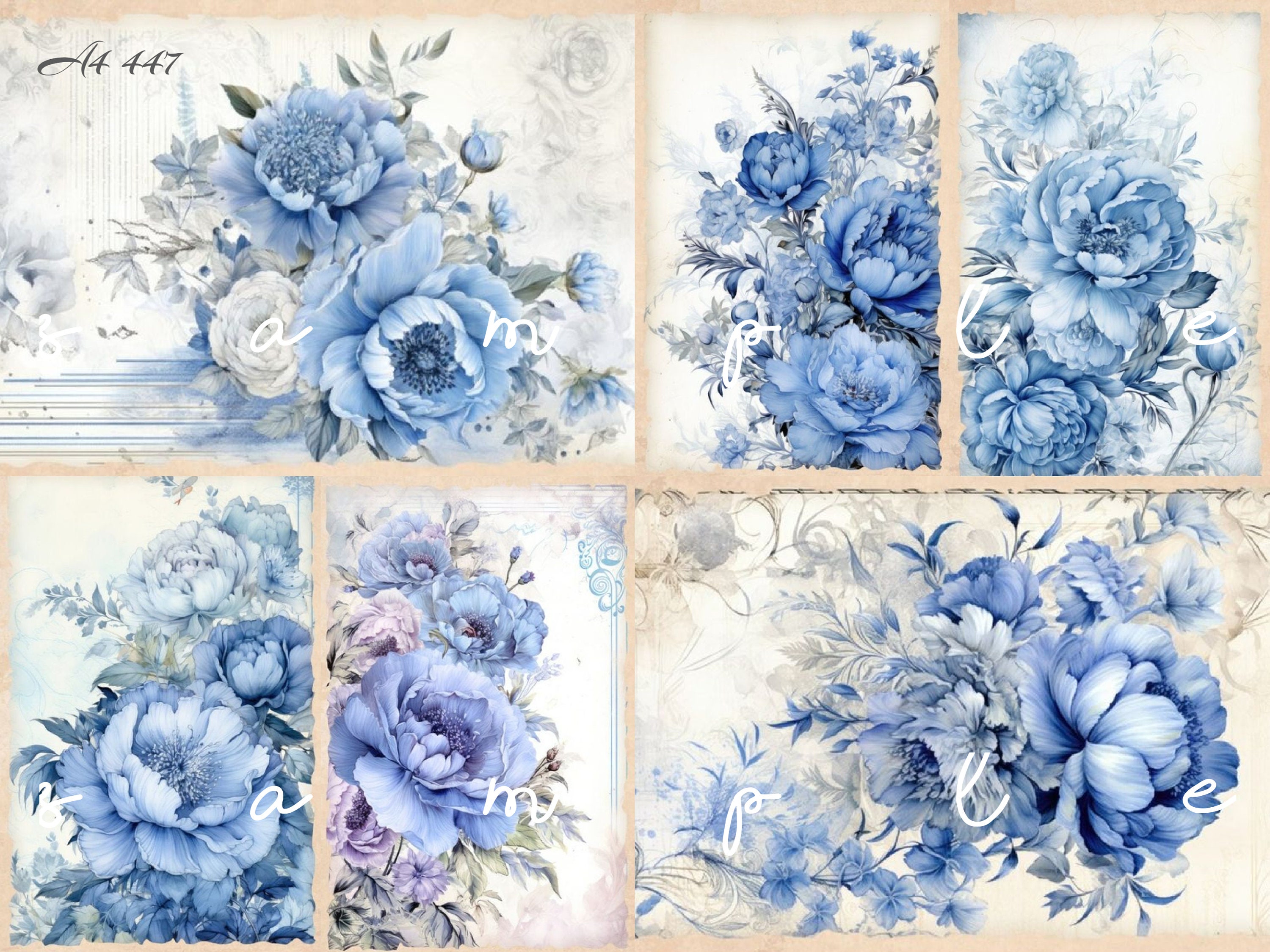 Peony Rice Paper Shabby Chic Vintage Blue Peonies Decoupage Rice Paper A4 Size - Etsy