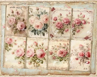 Puede incluir: Collage de estilo vintage con ocho imágenes rectangulares de rosas rosas. Las imágenes tienen un aspecto envejecido y desgastado con colores descoloridos y texto manuscrito. El tema general es romántico y nostálgico.